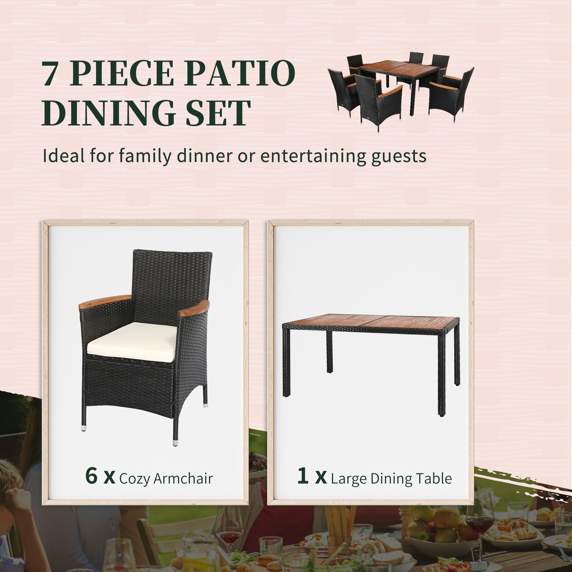 Outsunny 7 Pieces Wicker Patio Dining Set Outdoor Furniture Set with Removable Cushions, Acacia Wood Top Dining Table, PE Rattan Conversation Set for Garden Poolside, Black