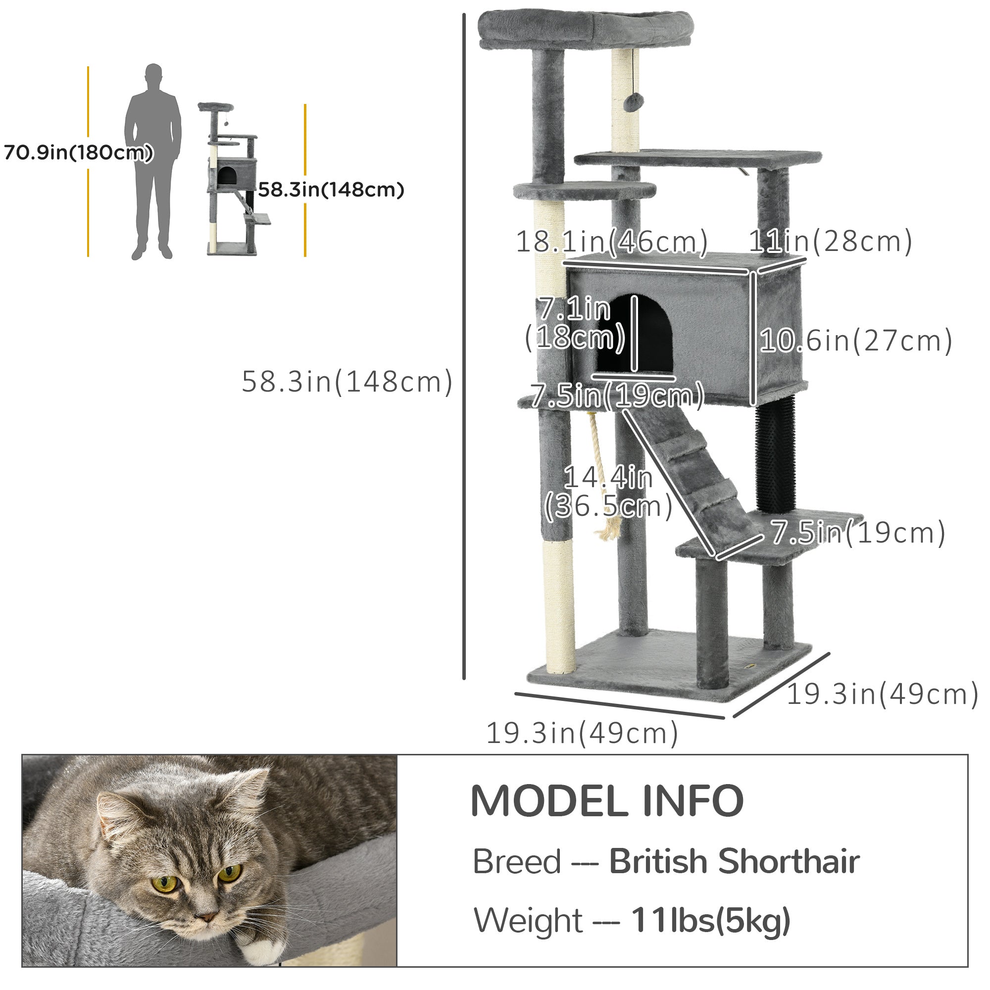 PawHut Cat Tree for Large Cats Adult, 58" Tall Cat Tree with Scratching Posts, Large Cat Tower for Indoor Cats with Bed, House, Toys, Grey