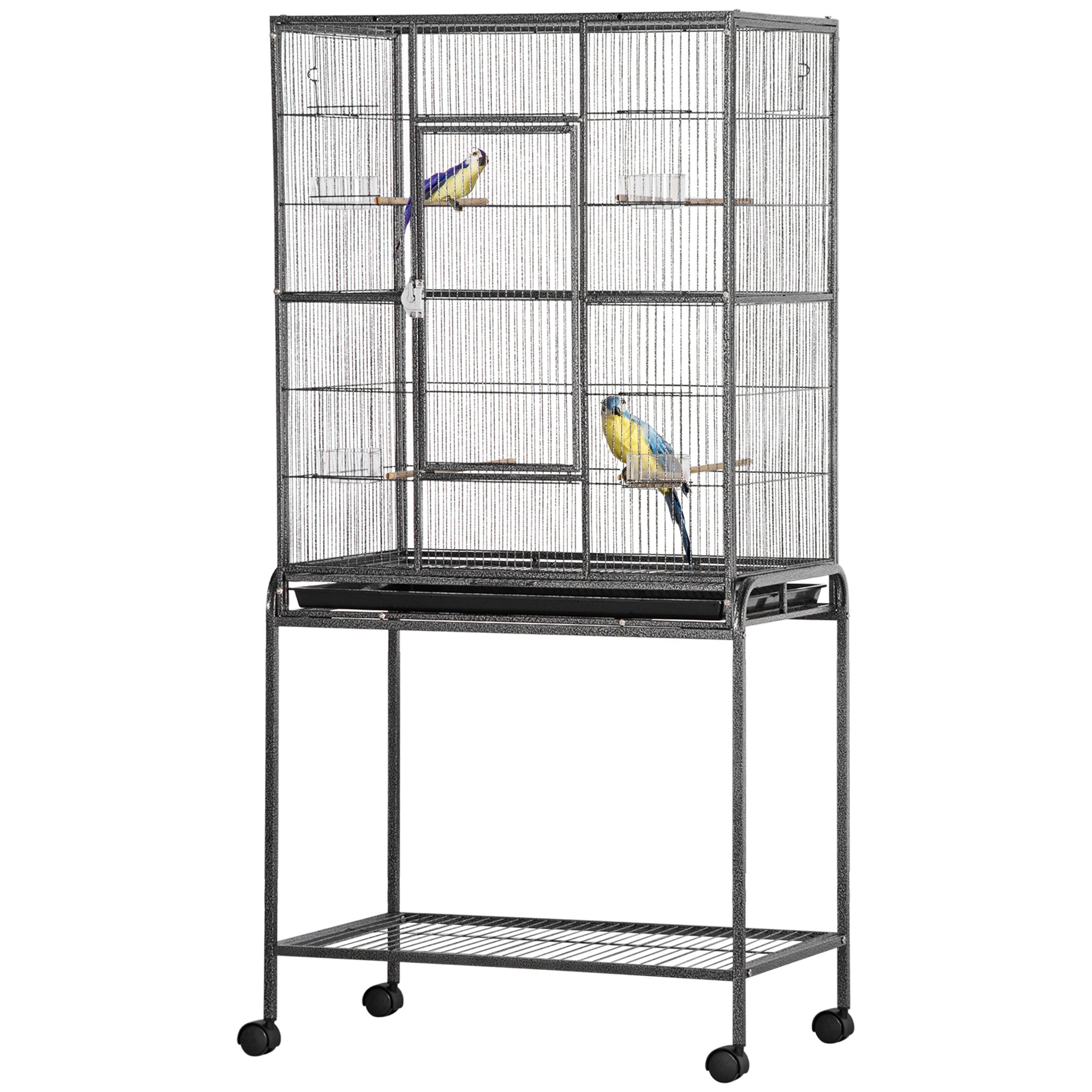 PawHut 30'' Large Rolling Metal Bird Cage Bird House with Detachable Rolling Stand, Storage Shelf, Wood Perch Food Container - Black