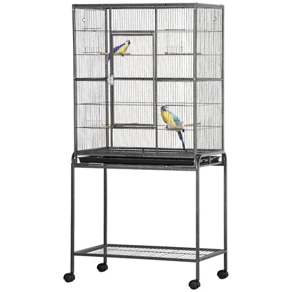 PawHut 30'' Large Rolling Metal Bird Cage Bird House with Detachable Rolling Stand, Storage Shelf, Wood Perch Food Container - Black