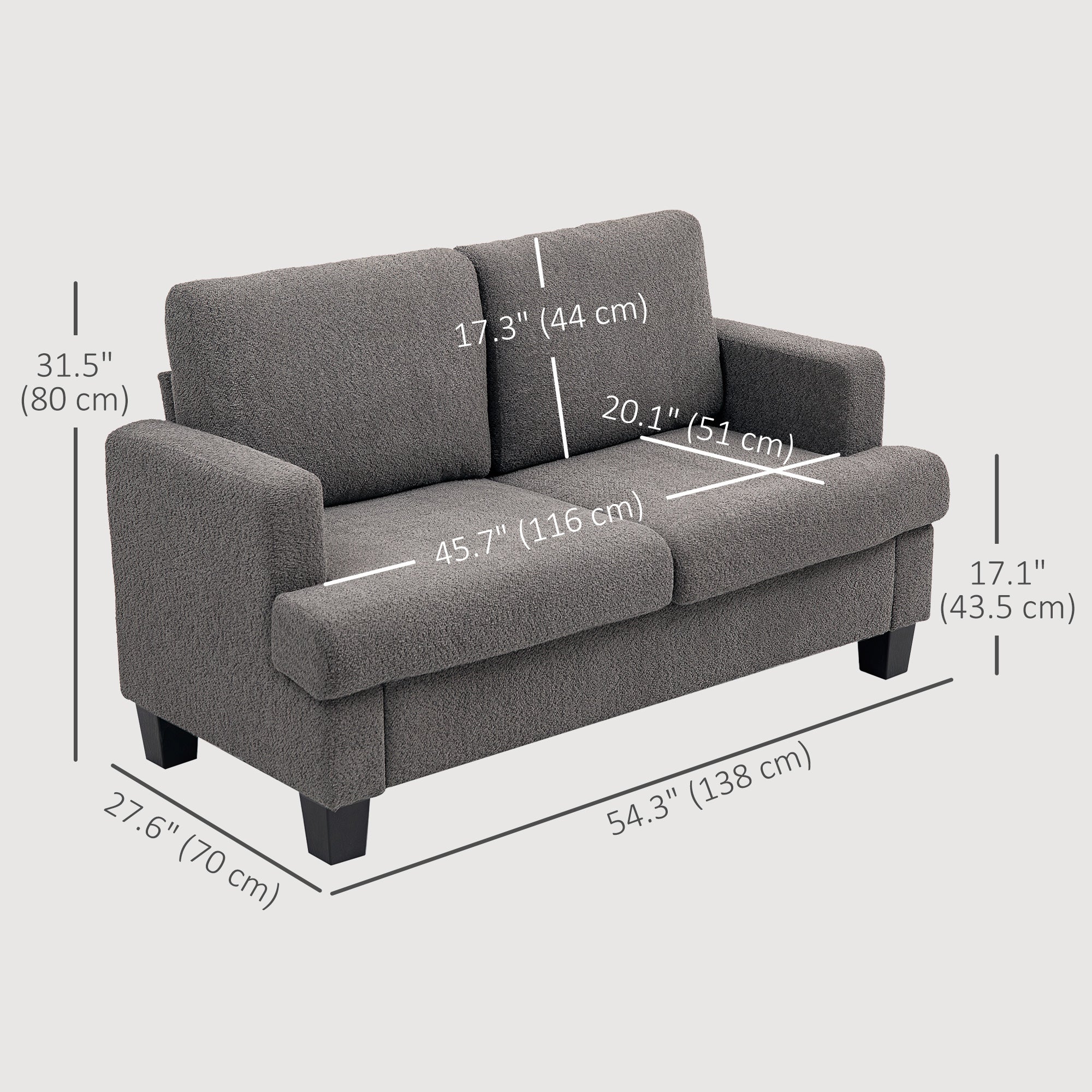 HOMCOM 54.3" Loveseat Sofa, 2 Seater Sofa with Removable Cushions, Small Couch with Solid Wood Frame for Living Room, Dark Grey