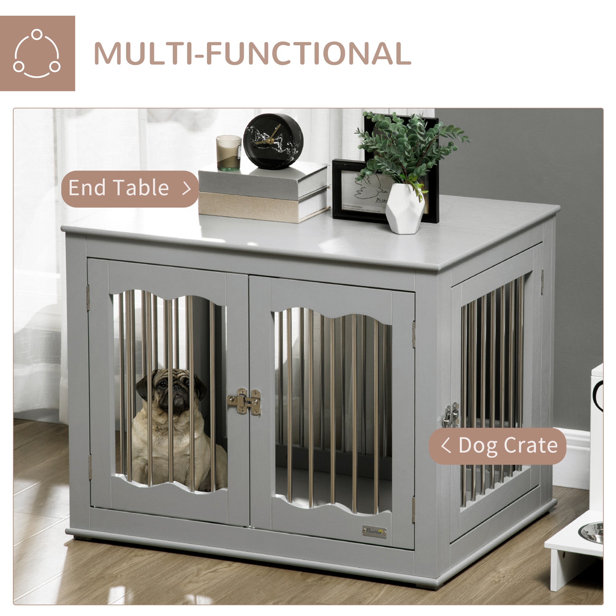 PawHut Dog Crate Furniture, Dog Kennel with Three Doors, Locks and Latches, Indoor Use, for Medium Dogs, Grey