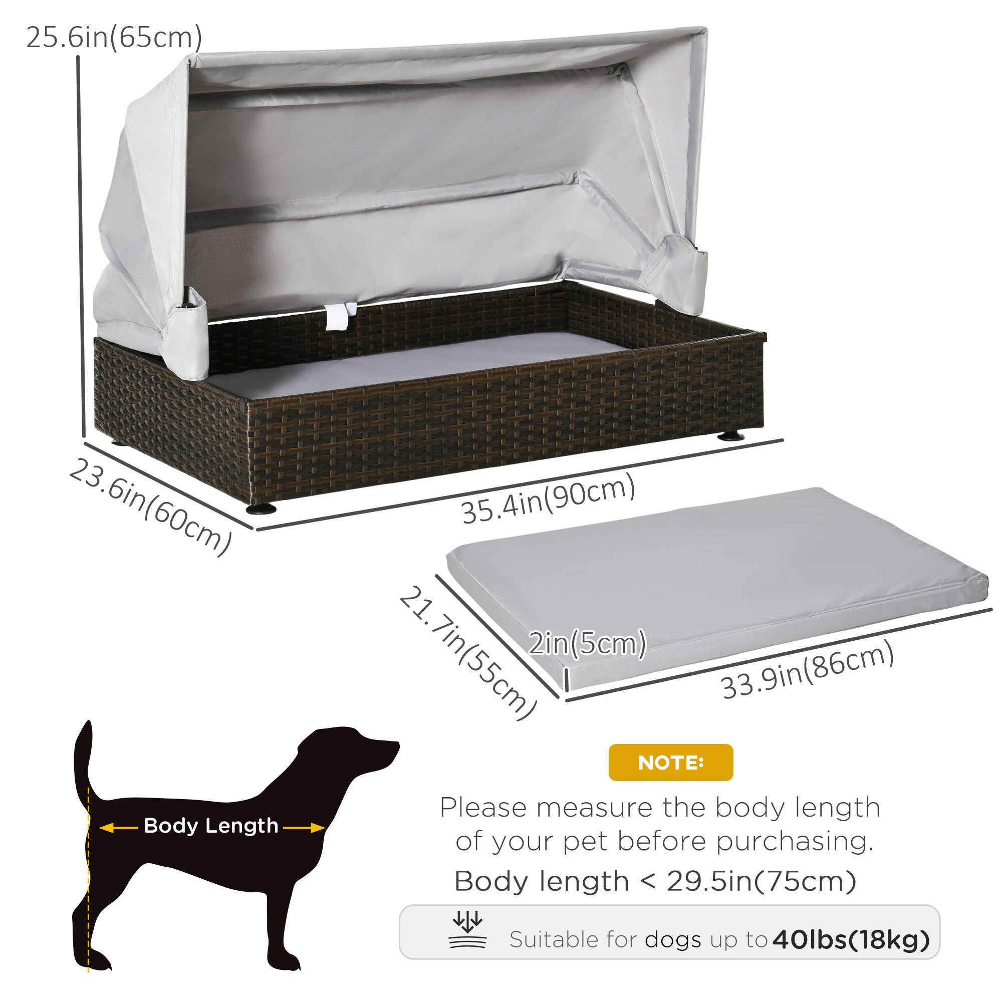 PawHut Wicker Dog House, Elevated Pet Sofa, Rattan Cat Bed, Indoor Outdoor Use, for Garden Patio with Foldable Roof, for Small or Medium-Sized Dogs, Coffee