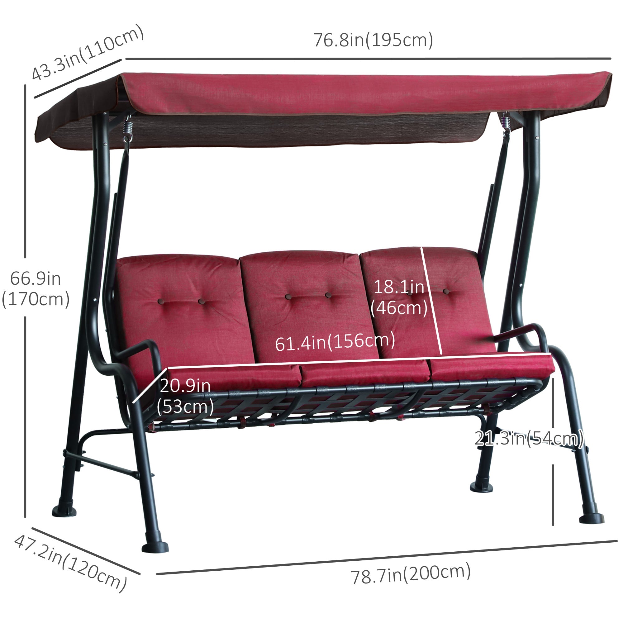 Outsunny 3-Person Porch Swing Chair, Patio Swing Bench with Adjustable Canopy, Removable Thicken Cushion and Weather Resistant Steel Frame for Outdoor, Garden, Poolside, Wine Red