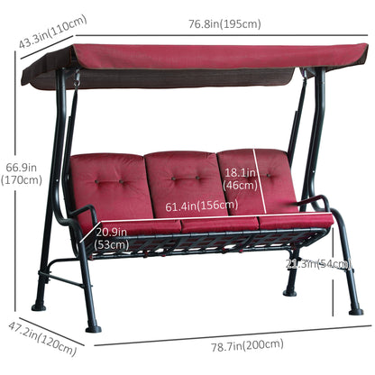 Outsunny 3-Person Porch Swing Chair, Patio Swing Bench with Adjustable Canopy, Removable Thicken Cushion and Weather Resistant Steel Frame for Outdoor, Garden, Poolside, Wine Red