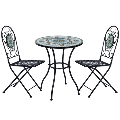 Outsunny 3 Piece Patio Bistro Set with Mosaic Design, Outdoor Dining Furniture Set for 2 with Folding Chairs, Green