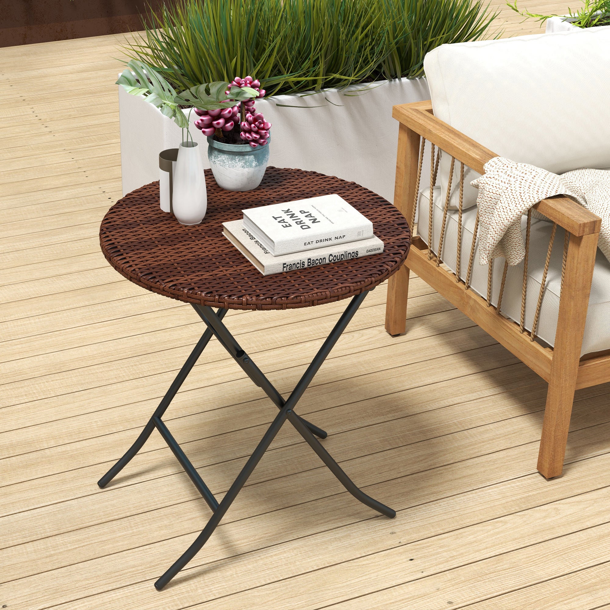 Outsunny Outdoor PE Rattan Foldable End Table, Φ23.6" x 27.6" H, Brown