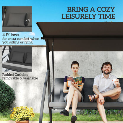 Outsunny Patio Swing Chair, 3 Person Convertible Hammock, Outdoor Swing Lounge Bed, Cushioned with Tilt Canopy, Dark Grey