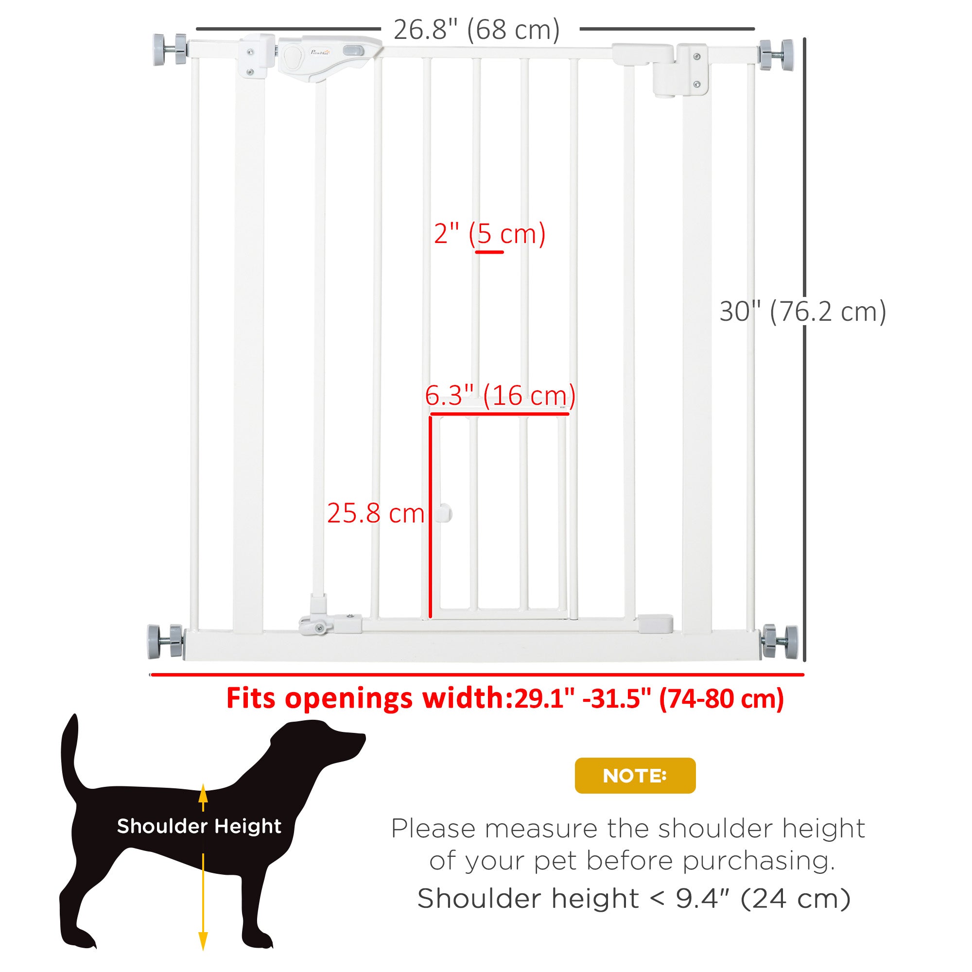 PawHut Pet Gate Extra Wide Press-Mounted with Cat Door, Auto Closing Pet Gate for Stair, Hallway, 29-32 Inch, White