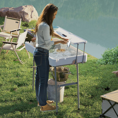 Outsunny 3.5ft Folding Ice Cooler Table with Drain, 2-Tier Outdoor Patio Party Cooler, Fishing Cleaning Table with Storage Shelf for Picnic BBQ Camping Wedding, White