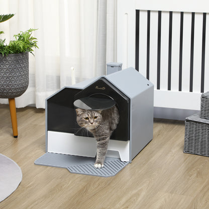 PawHut Hooded Cat Litter Box with Lid, Pull-Out Drawer, Handle, Scoop, Deodorizer Packs for Odor Control & Easy-Clean, Grey