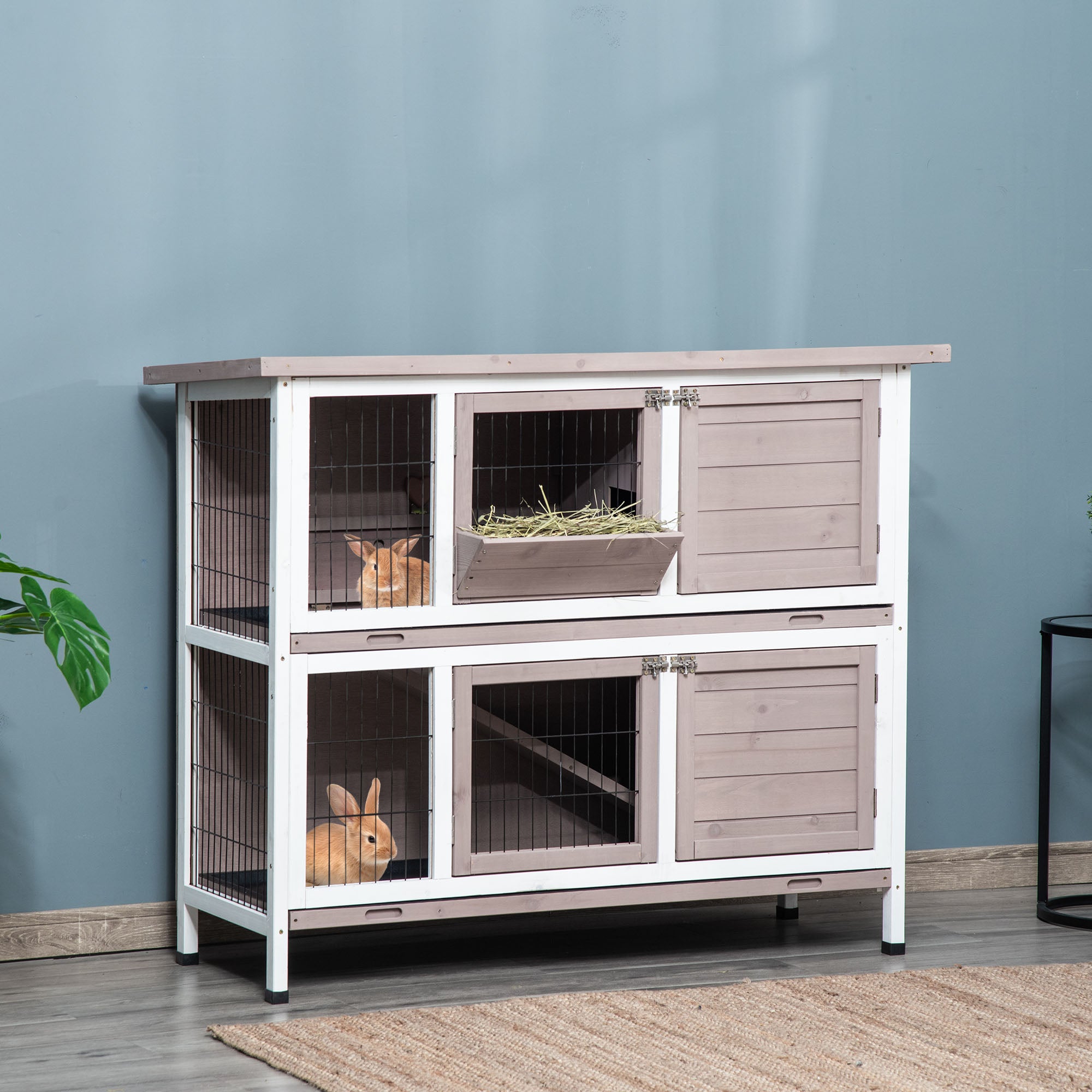PawHut 2 Tier Rabbit Hutch with Feeding, Removable Tray, Ramp, Doors, Grey
