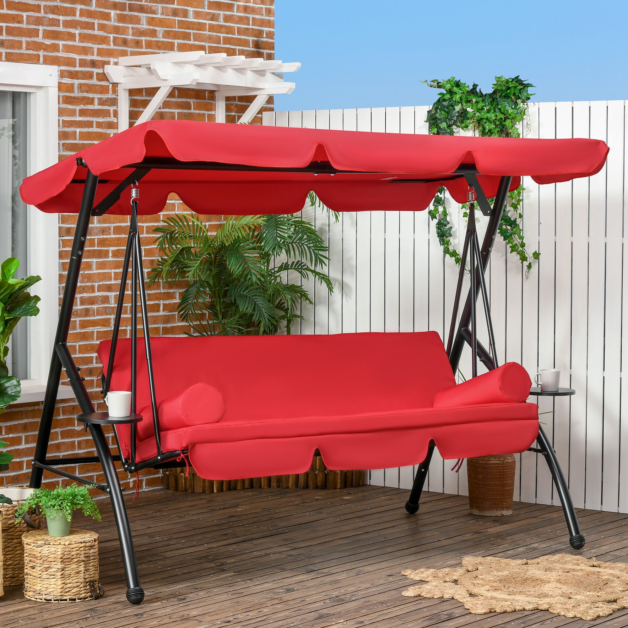 Outsunny 3-Seat Outdoor Patio Swing Chair, Converting Flat Bed, Canopy Swing Glider w/ Adjustable Shade, Removable Cushion and Pillows for Porch, Garden, Poolside, Backyard