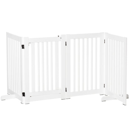 PawHut Free Standing Wooden Pet Gate Indoor Dog Barrier Foldable Step Over Doorway Fence Safety Gate with Open Door Z Shape 4 Panel