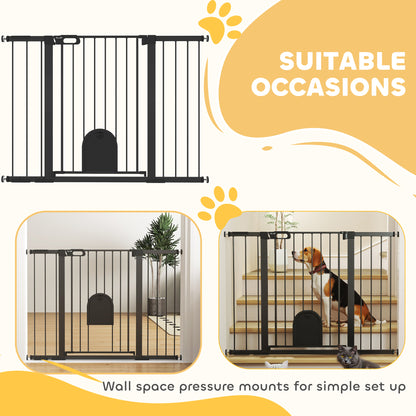 PawHut 30"-52" Extra Wide Pet Gate Barrier with Small Door, 35"H Dog Gate with Safety Gate Barrier, Stair Pressure Fit, Black