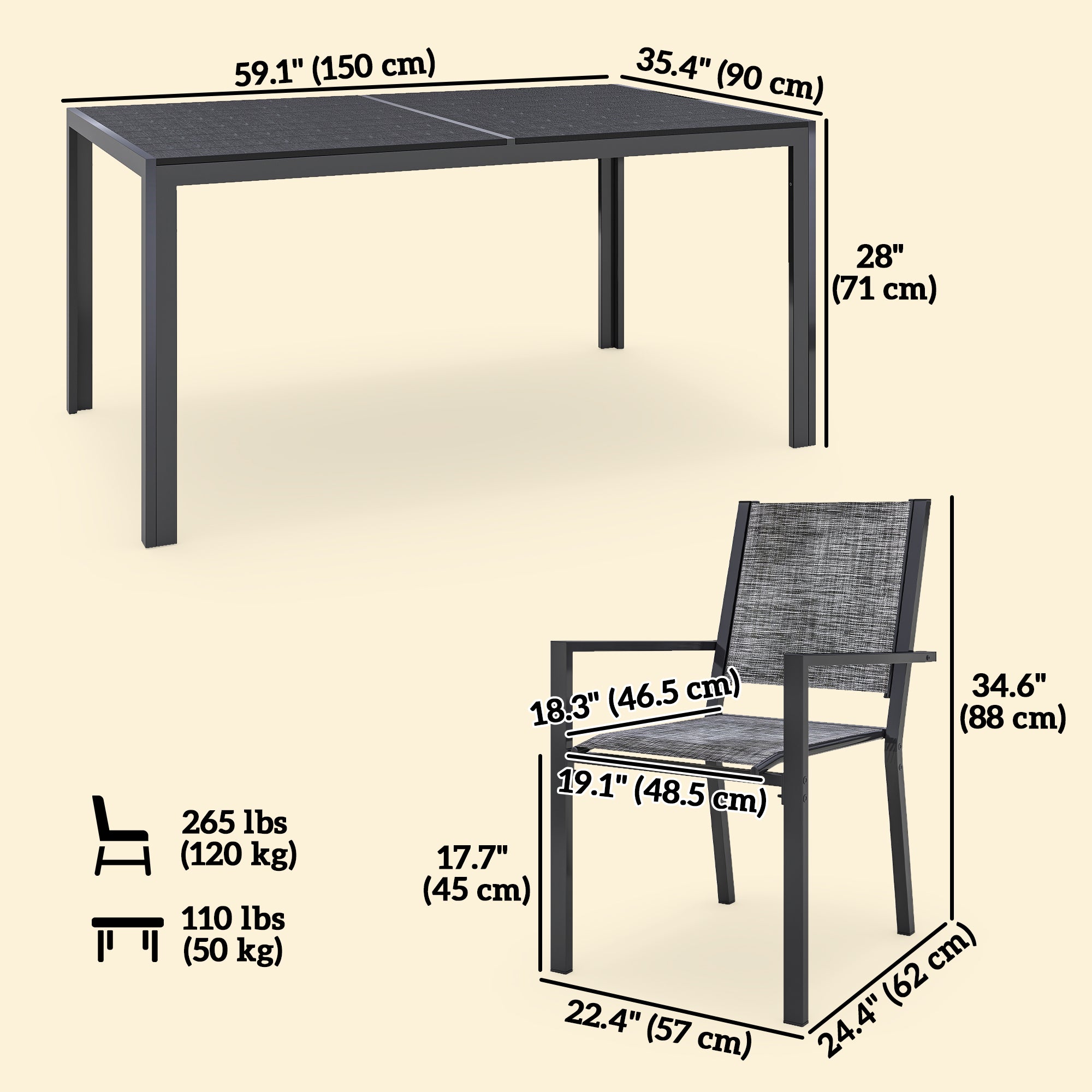 Outsunny 7 Piece Outdoor Dining Set with 6 Stackable Chairs, Rectangle Table, WPC Slatted Top, Rust-Resistant Steel Frame