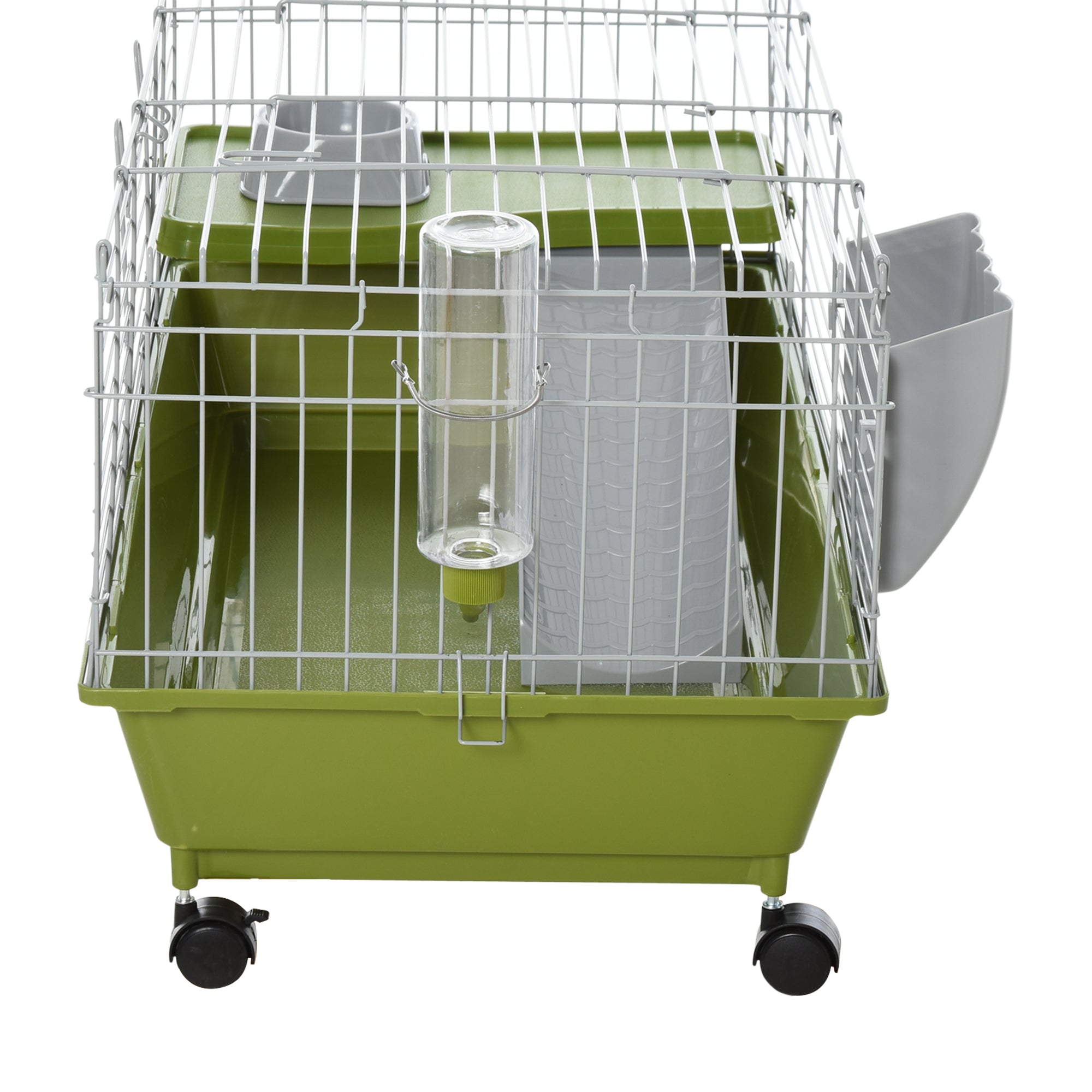 PawHut Small Animal Cage, Rolling Bunny Cage, Guinea Pig Cage with Food Dish, Water Bottle, Hay Feeder, Platform, Ramp, Green