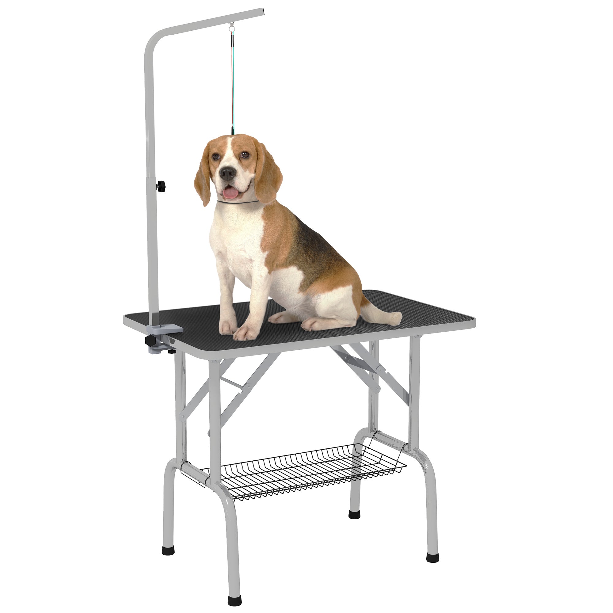 PawHut Foldable Grooming Table for Dogs with Height Adjustable Grooming Arm, Storage Shelf, Black