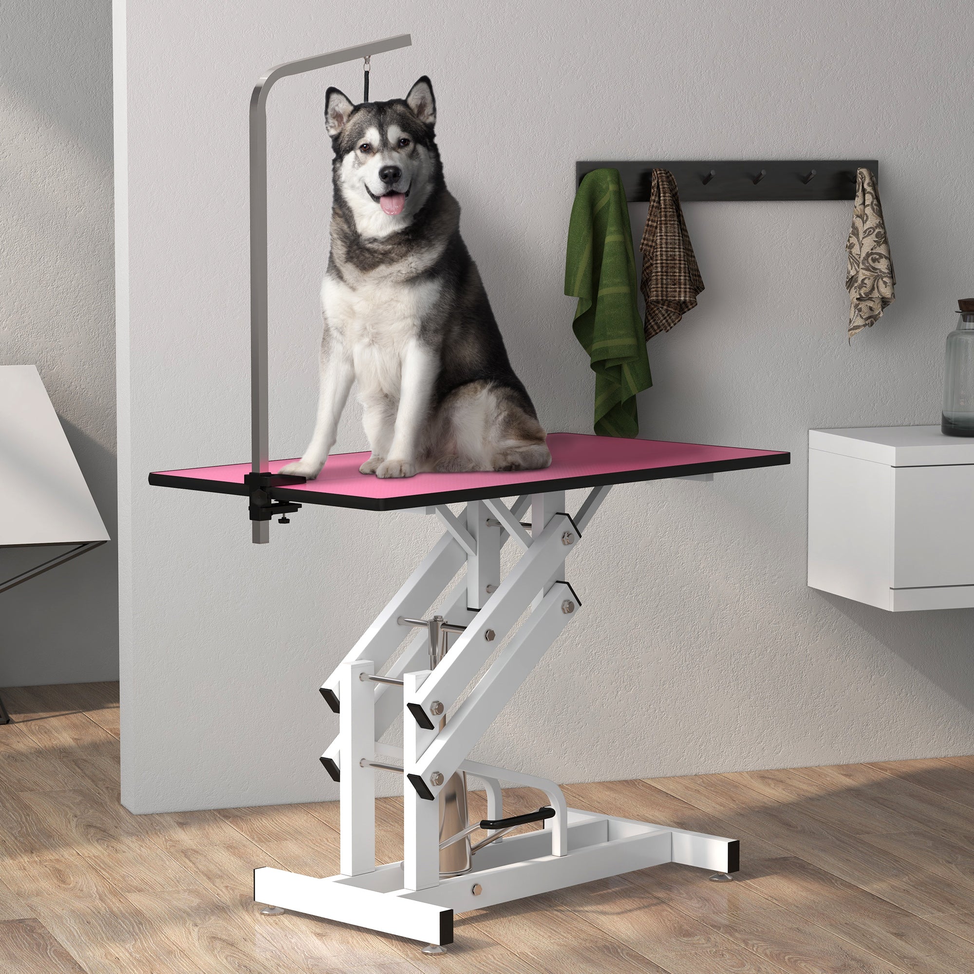 PawHut Pet Grooming Table, Height Adjustable Dog Grooming Table with Arm, Noose and Non-Slip Grooming Table, Pink
