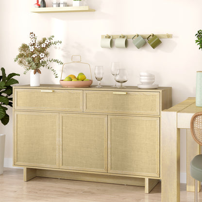 HOMCOM Boho Kitchen Sideboard Buffet Cabinet with Hinge Doors, Drawers and Adjustable Shelf for Living Room, Natural Wood