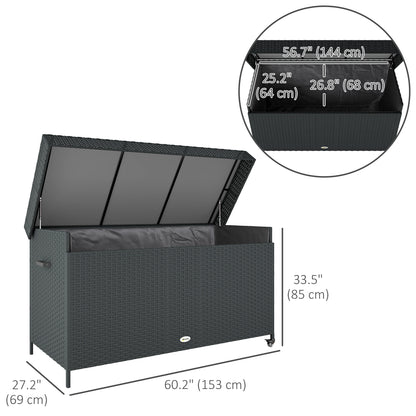 Outsunny 165 Gallon Deck Box, Wicker Outdoor Patio Storage Box with Waterproof Liner, Gas Strut and Universal Wheels, Black