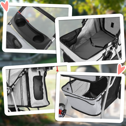 PawHut 3 Wheels Foldable Dog Stroller with Storage Basket, Adjustable Canopy, Cupholder for Miniature and Small Dogs, Grey