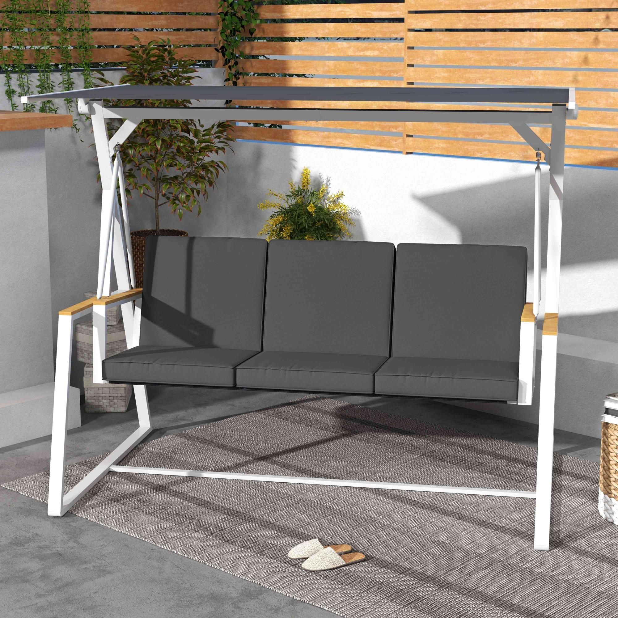 Outsunny 3-Seat Outdoor Porch Swing Outdoor Patio Swing with Adjustable Canopy, Removable Cushion for Garden, Poolside, Grey