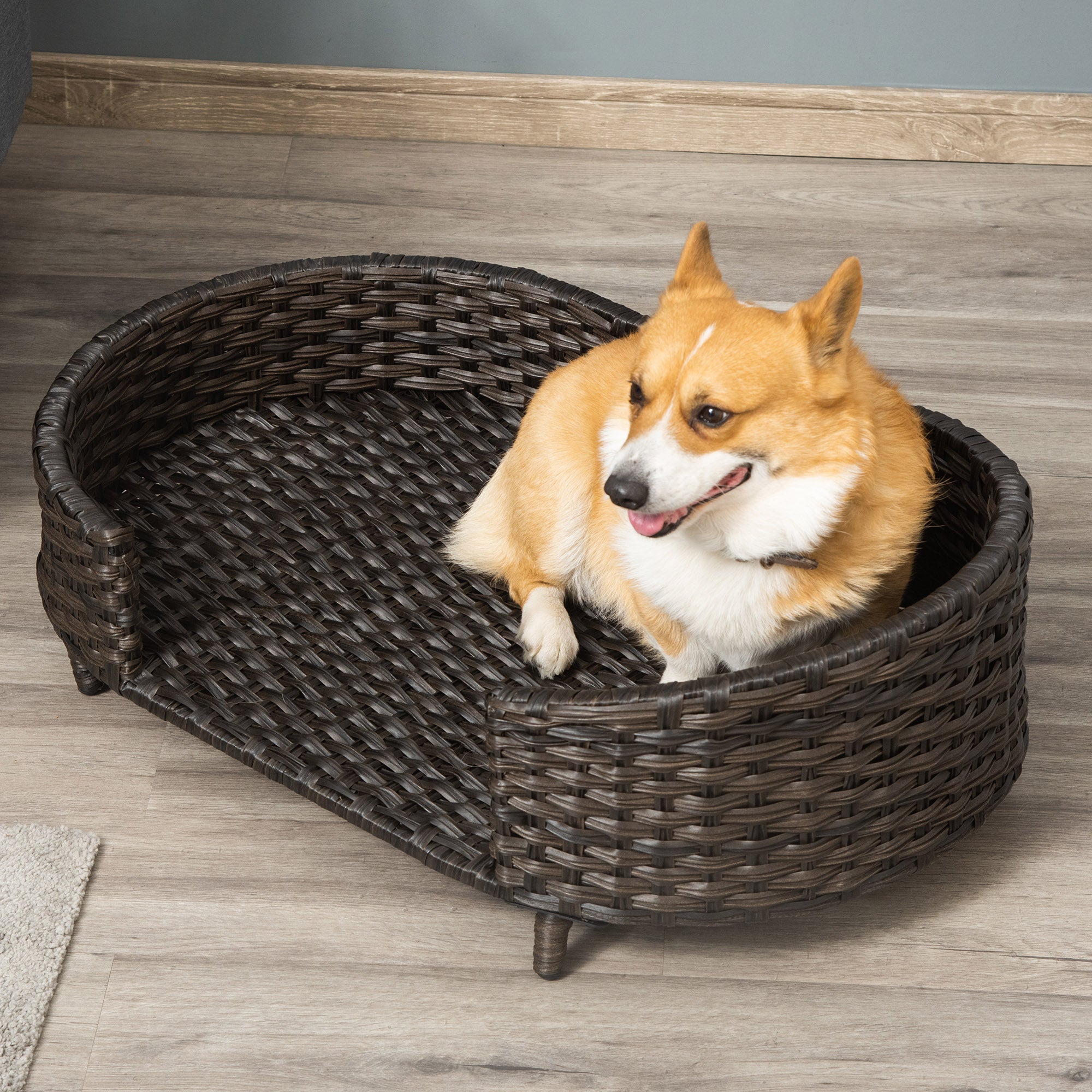PawHut Raised Ratten Dog Bed Sofa, Elevated Wicker Cat Couch Bed with Removable Soft Cushion Washable Cover, for Small & Medium Dogs, Charcoal Grey