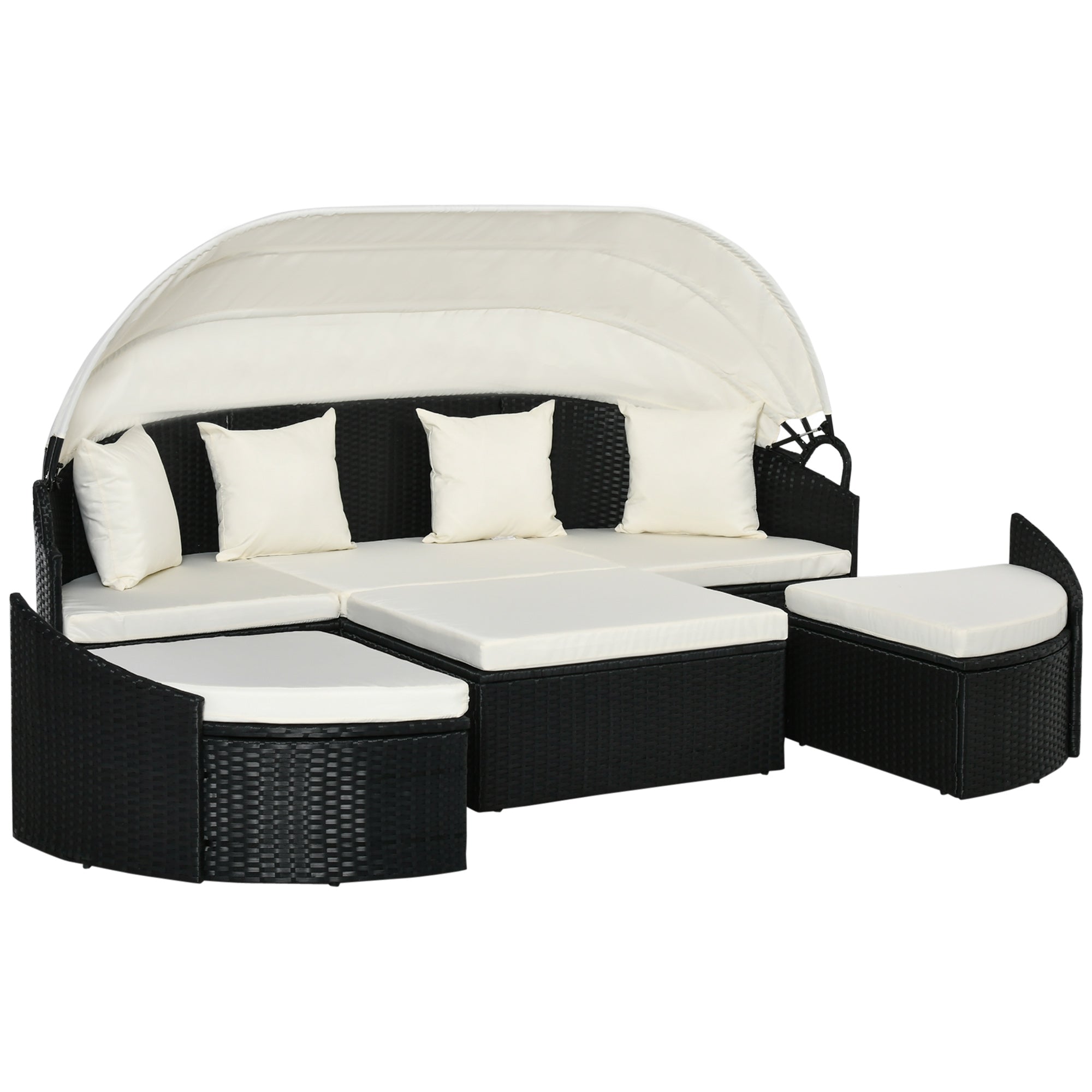 Outsunny 4 Pieces Patio PE Wicker Round Daybed, Outdoor Rattan Garden Lounge Furniture Sets, Cream
