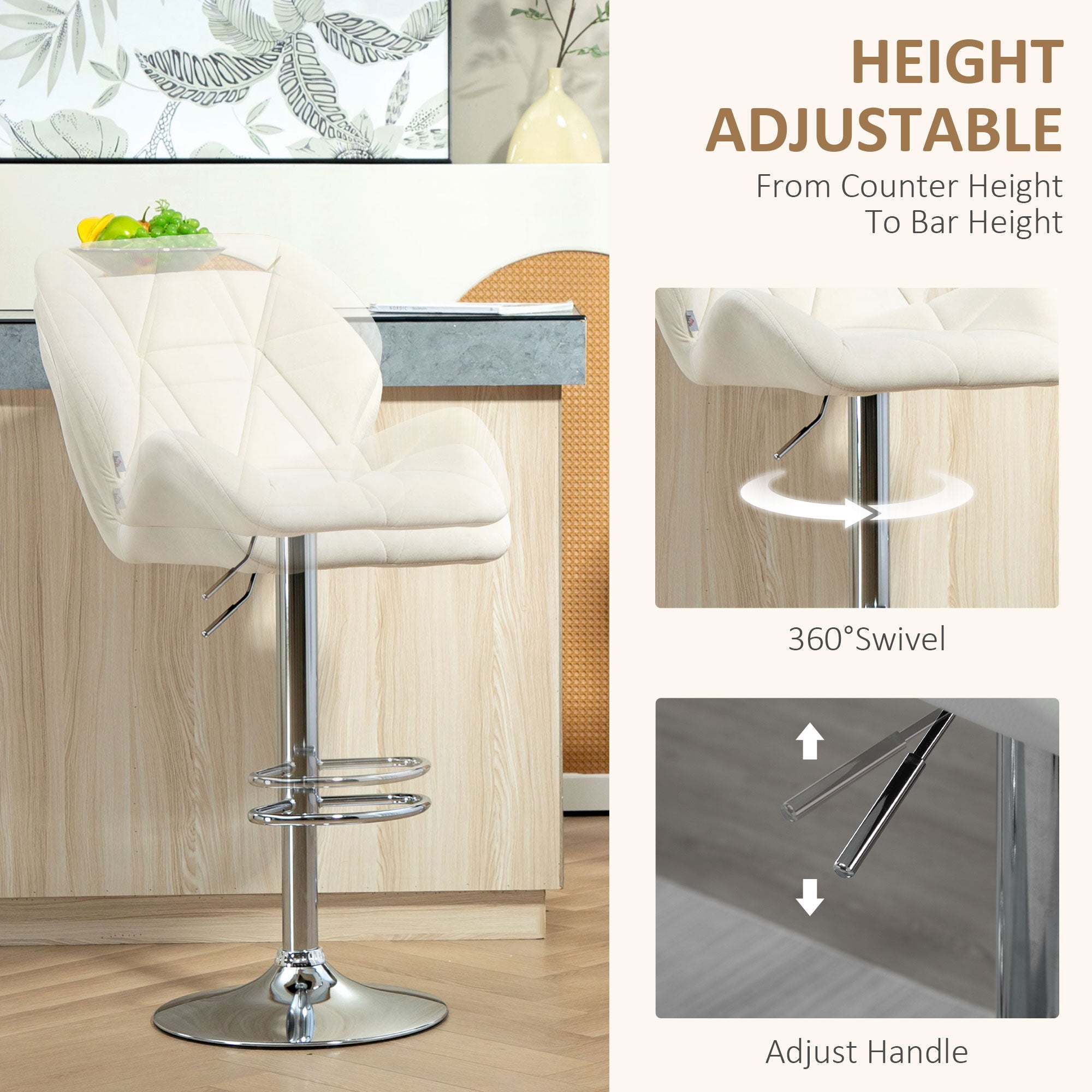 HOMCOM Bar Stool Set of 2 Fabric Adjustable Height Armless Upholstered Counter Chairs with Swivel Seat, Cream White