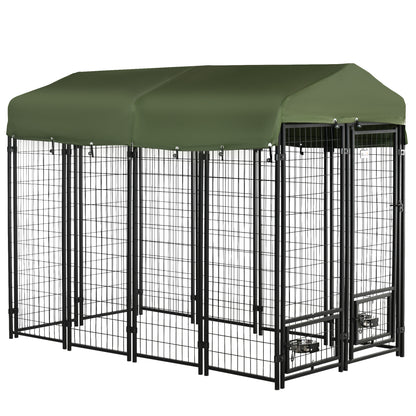 PawHut Outdoor Dog Kennel, Lockable Pet Playpen Crate, Welded Wire Steel Fence, Rotating Bowl Holders, Green