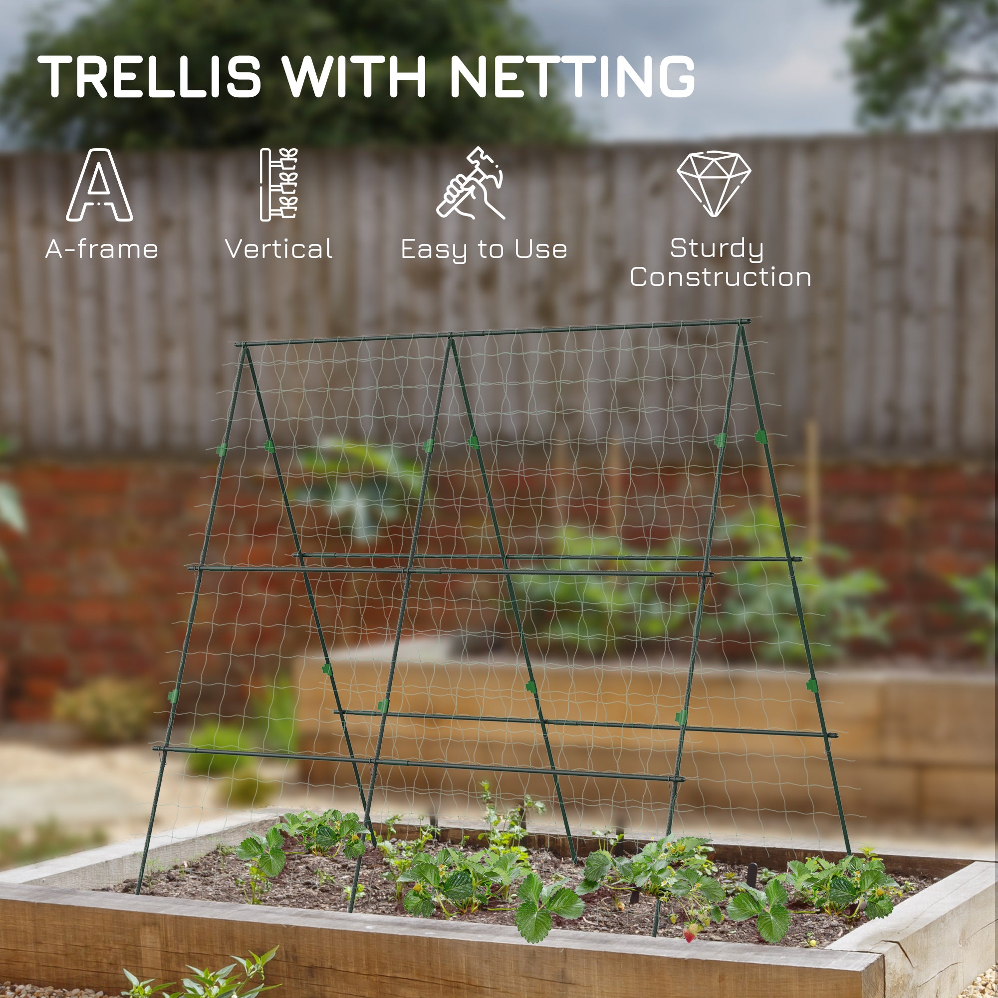 Outsunny Metal Cucumber Trellis with Netting for Climbing Plants Vegetables, A Frame Tomato Plant Support Tomato Trellis for Vegetable Garden, Patio, Balcony, Green