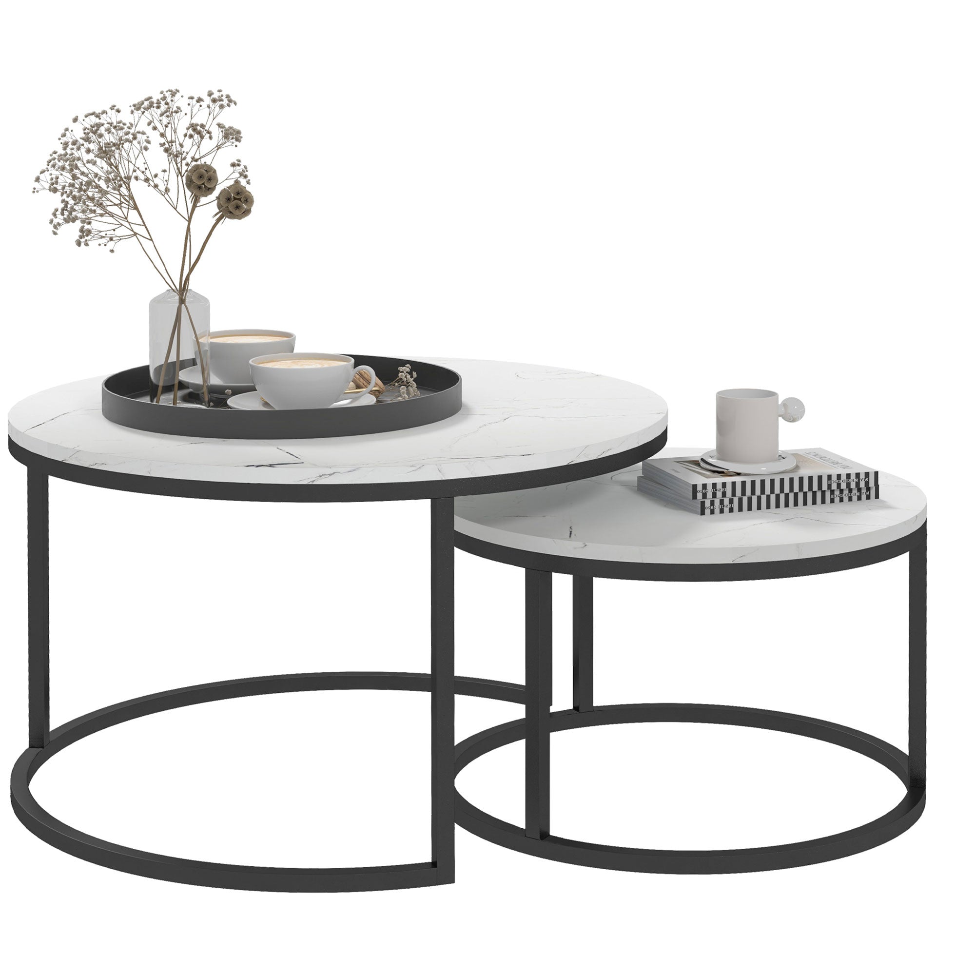HOMCOM Modern Coffee Table Set of 2, Nesting Side Tables w/ Metal Base for Living Room Bedroom Office Faux Marbled White