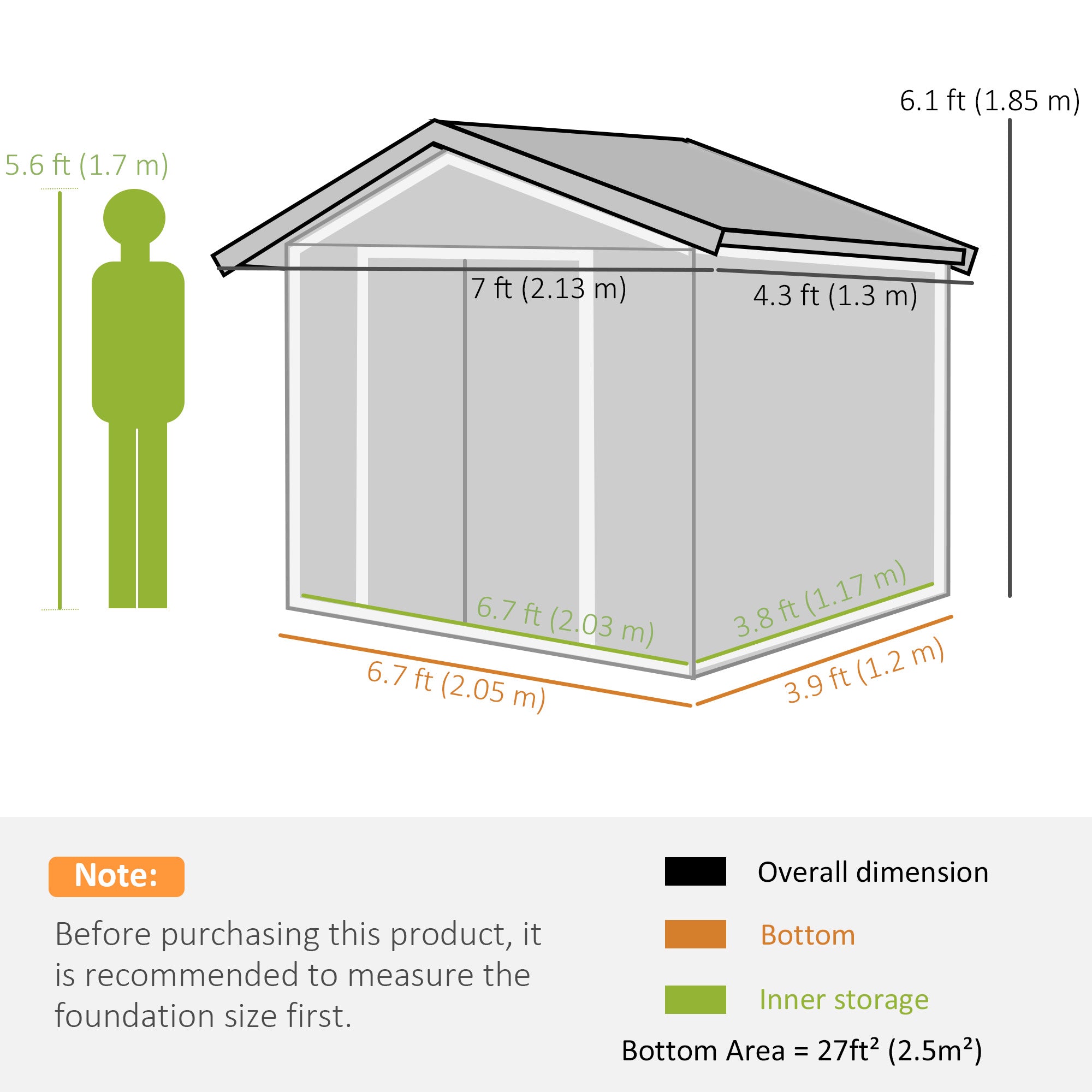 Outsunny 7' x 4' x 6' Garden Storage Shed Outdoor Patio Metal Tool Storage House w/ Foundation Kit and Double Doors Silver
