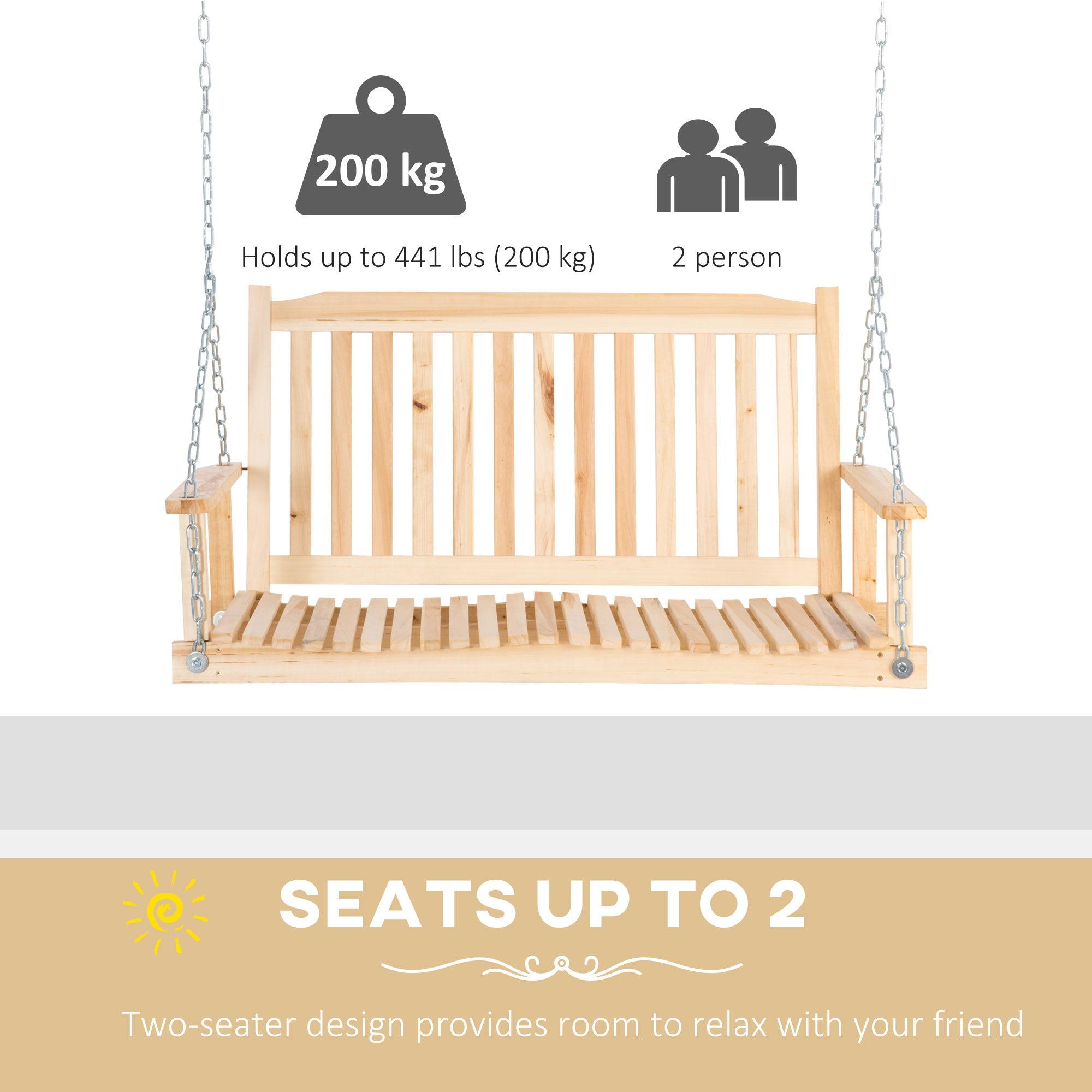 Outsunny 2-People Porch Swing Bench, Patio Swing Chair with 2 Adjustable Hanging Chains for Deck, Garden, Backyard, Natural