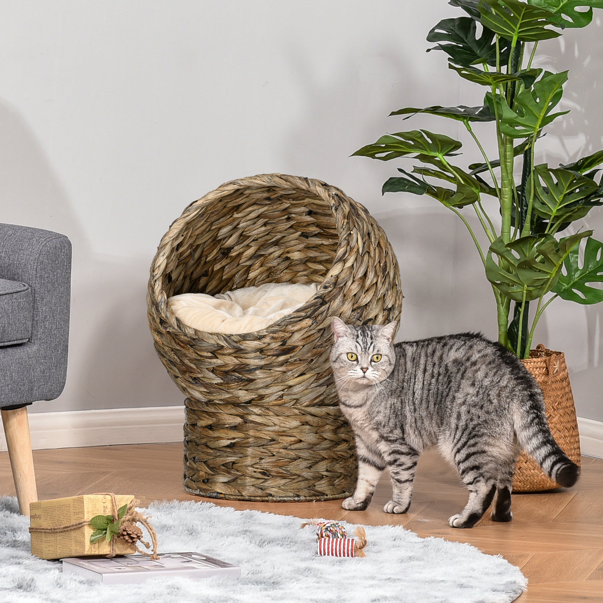 PawHut Wicker Cat Bed with Cushion, Stand, for Indoor Cats, Grey