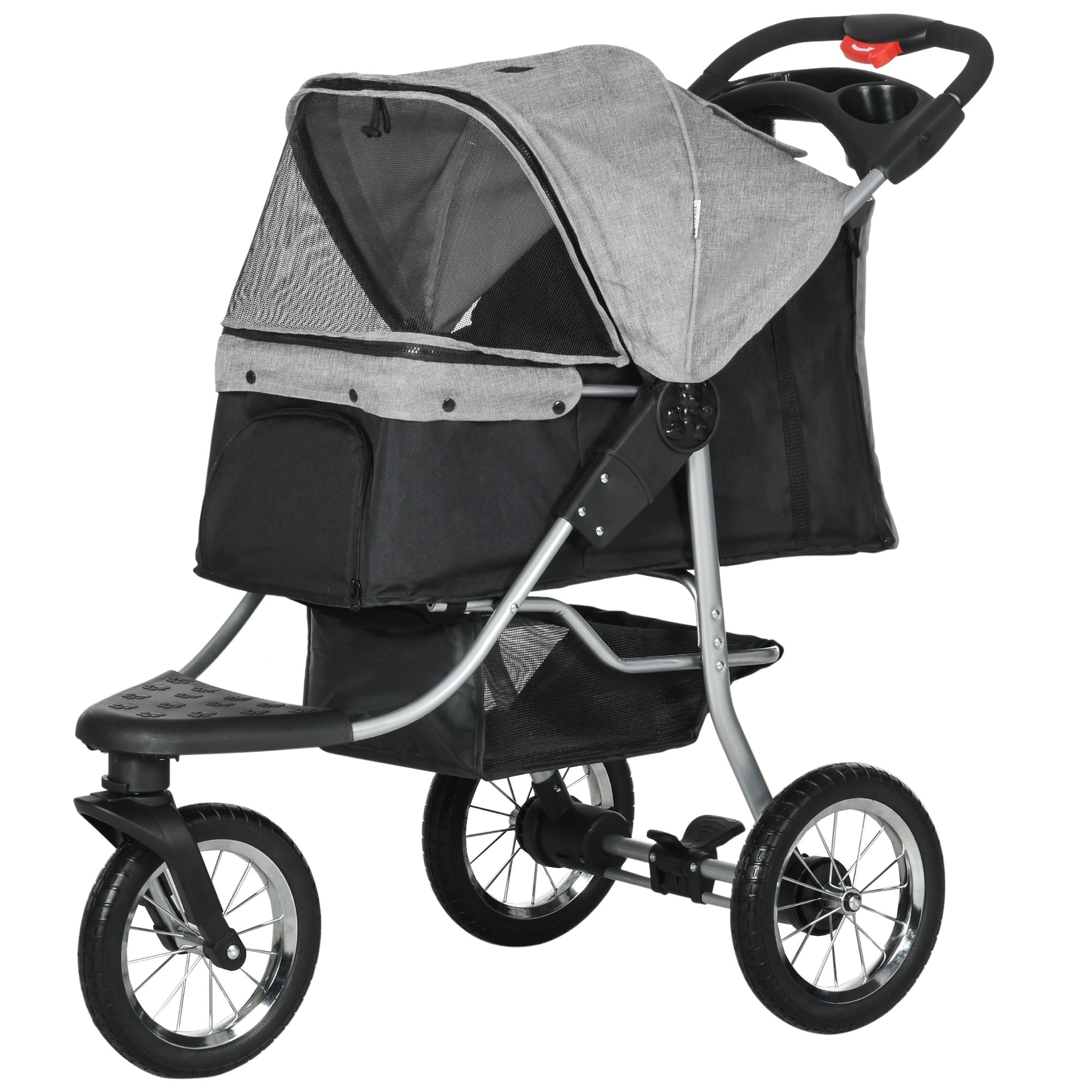 PawHut Pet Stroller with 3 Wheels, One-click Folding Design, Adjustable Canopy, Zippered Mesh Window Door, Grey