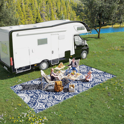 Outsunny Portable Outdoor Rug with Carry Bag, 9' x 18' Reversible Mat, Waterproof Plastic Straw RV Rug for Backyard, Deck, Picnic, Beach, Camping, Blue & White Flower