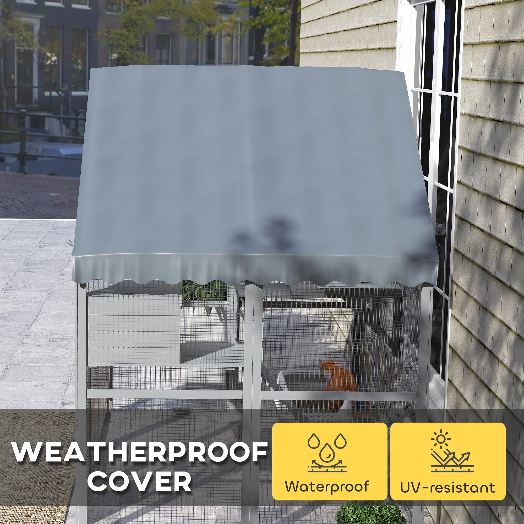 PawHut Large Catio Outdoor with Waterproof Cover, 2 Resting Boxes, 4 Platforms, Bridge, for 2-4 Kittens, Grey