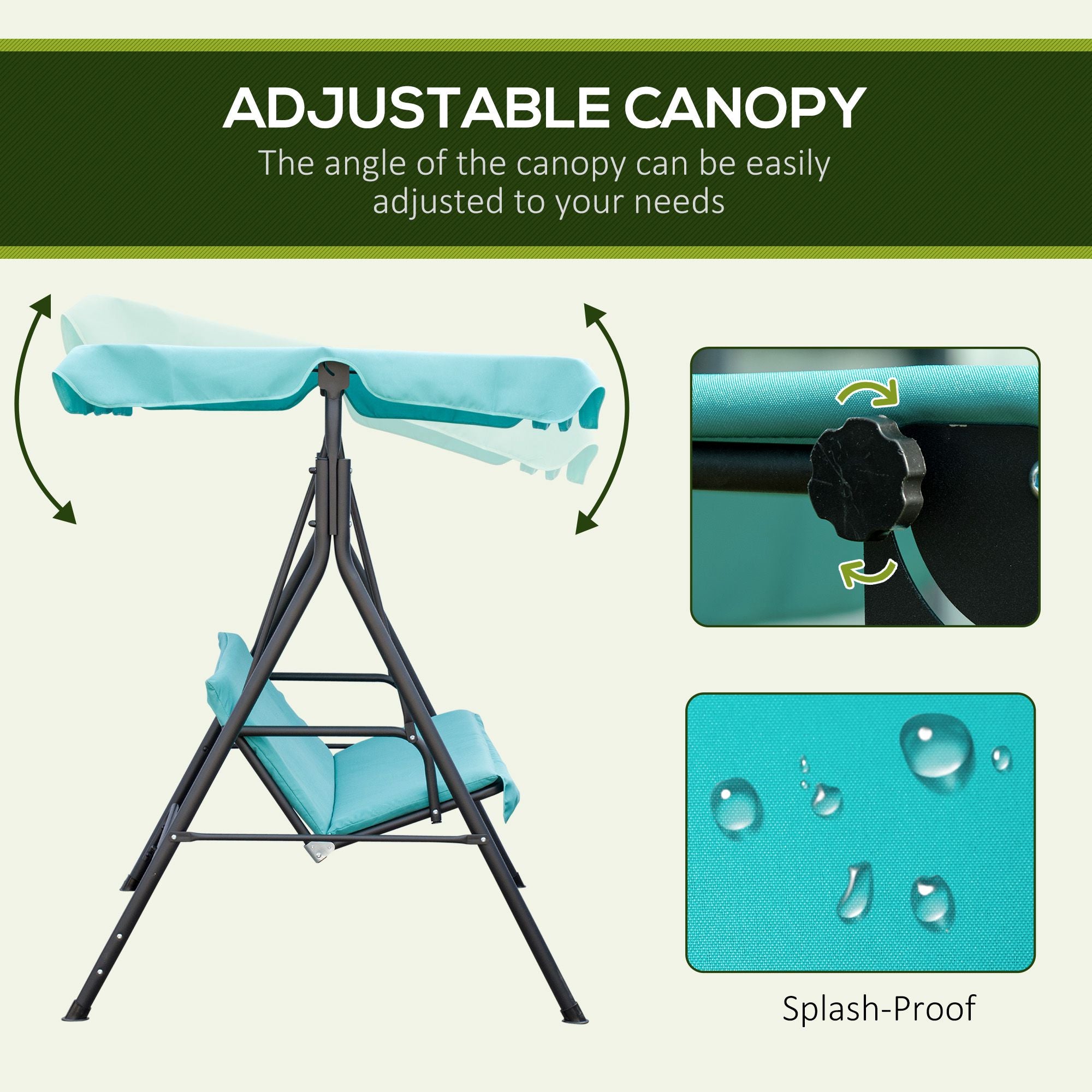 Outsunny 3-Seater Outdoor Porch Swing with Adjustable Canopy, Patio Swing Chair for Garden, Poolside, Backyard, Teal