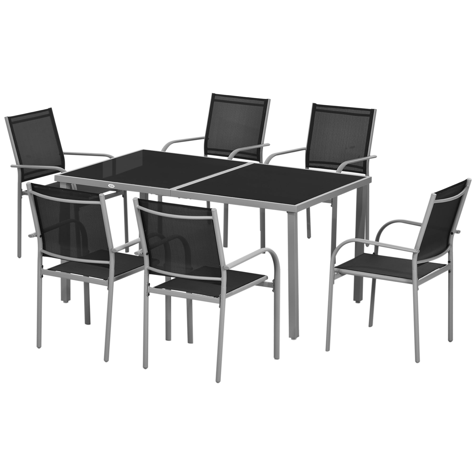 Outsunny 7 Piece Outdoor Patio Dining Set with Table and 6 Stackable Chairs, Steel Frame, Tempered Glass Top, Mesh Seats, Black