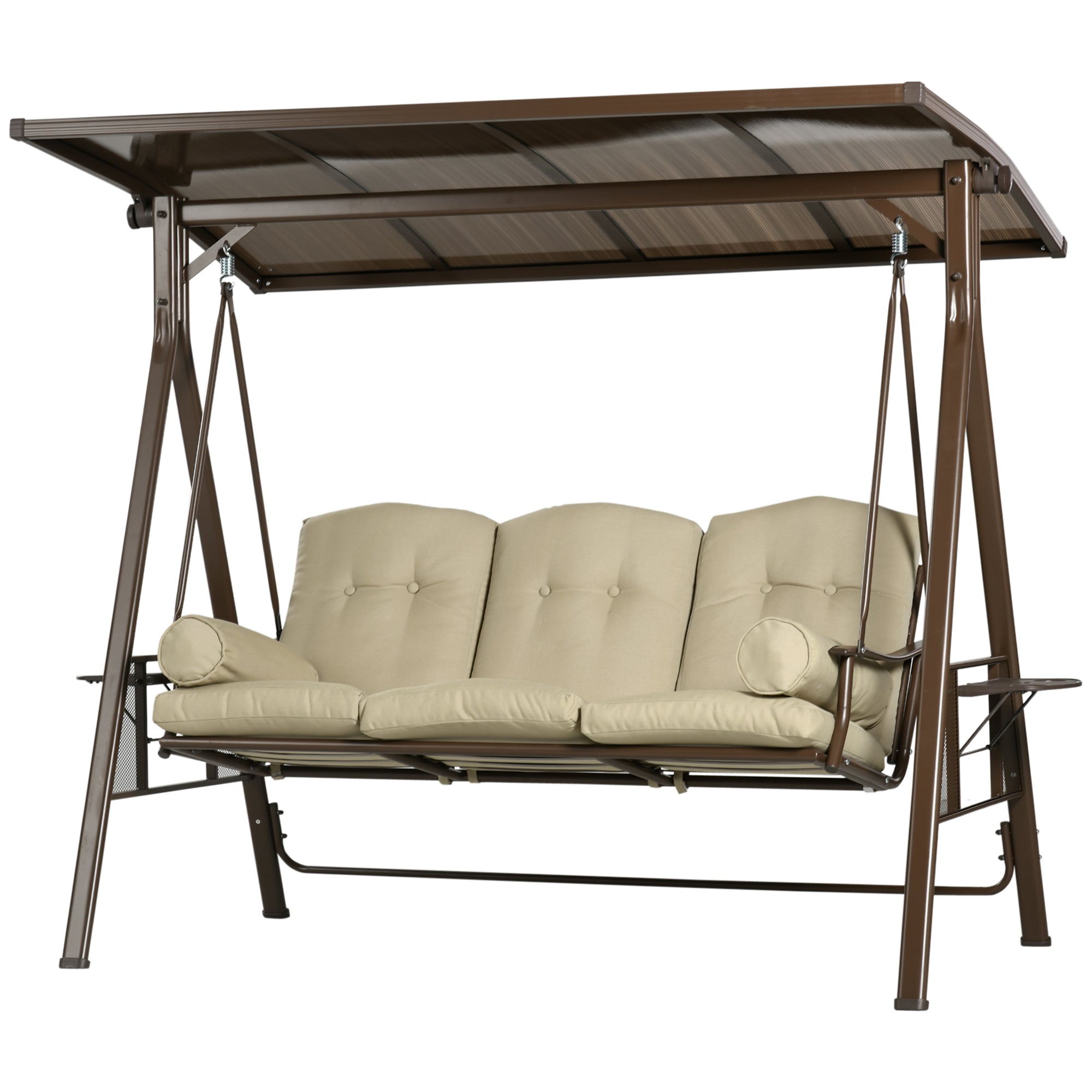 Outsunny 3-Seat Patio Swing Chair, Outdoor Canopy Swing Glider with Cushion, Pillows and Adjustable Polycarbonate Canopy for Porch, Garden, Poolside, Backyard, Khaki