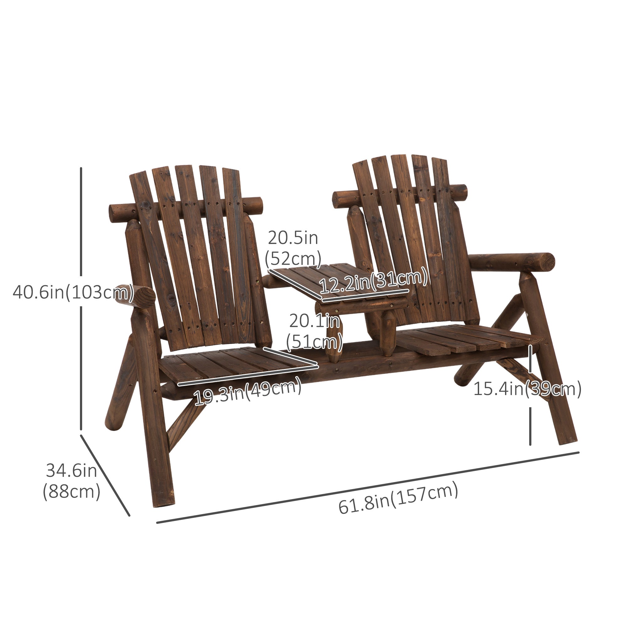Outsunny Wood Adirondack Patio Chair Bench with Center Coffee Table, for Lounging and Relaxing Outdoors Carbonized
