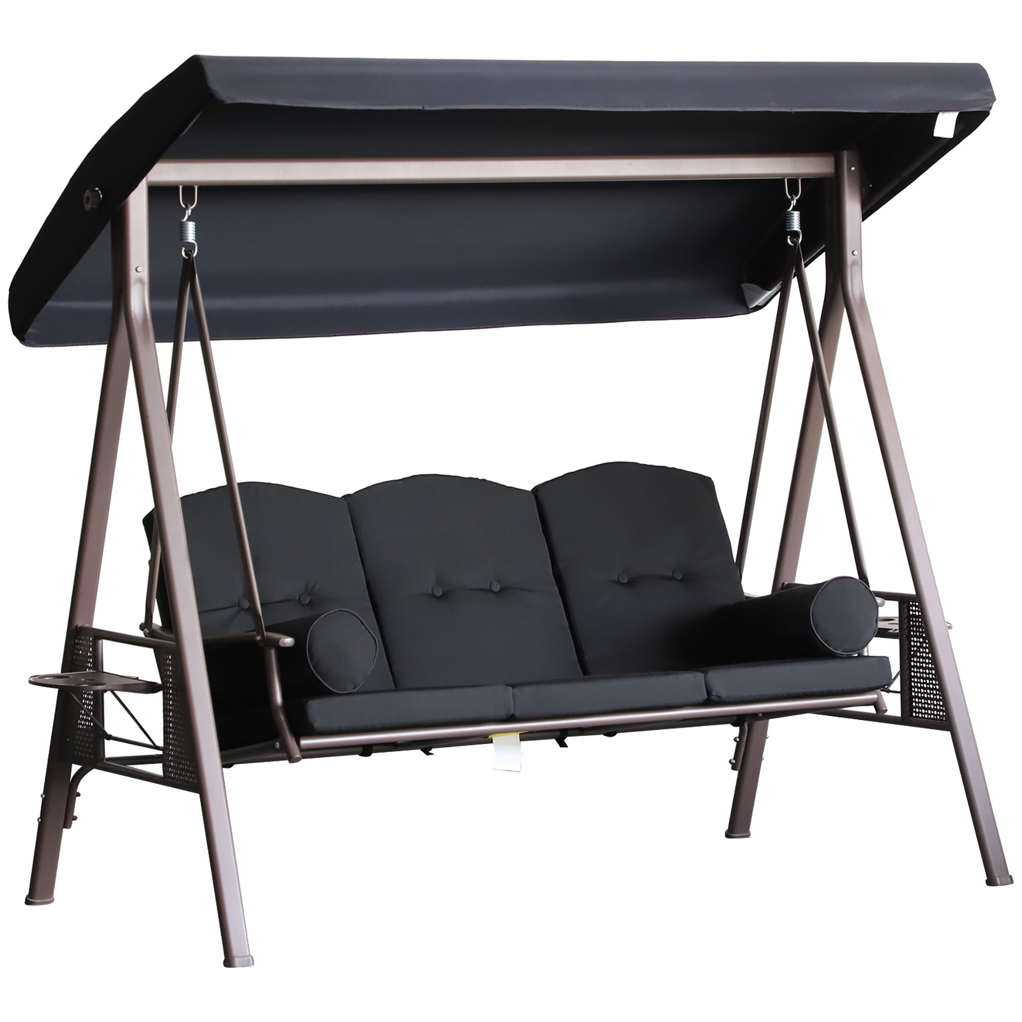 Outsunny Outdoor Patio 3-Person Steel Canopy Cushioned Seat Bench Swing with Included Side Trays & Padded Comfort, Black