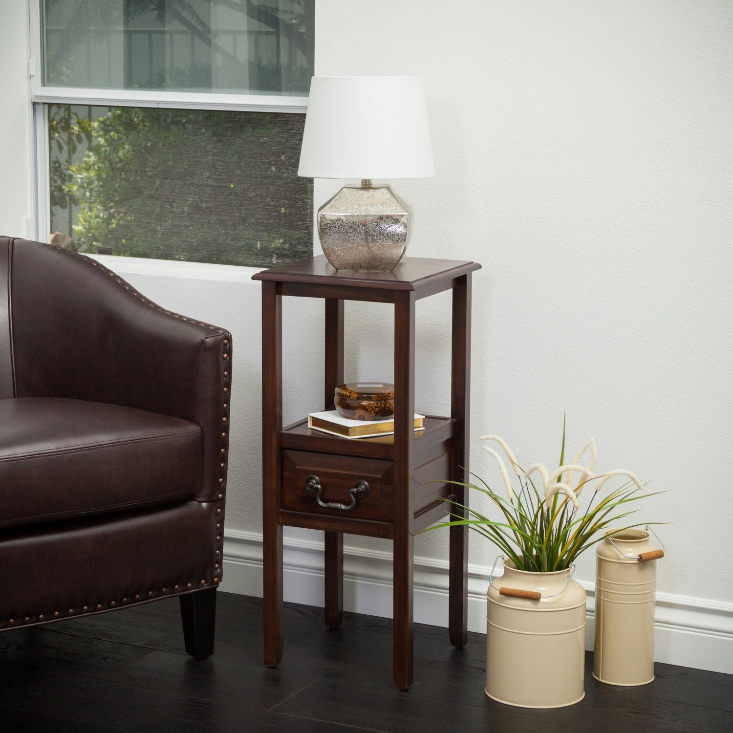 Insect-Proof Acacia Wood Accent Table with Smooth Walnut Finish, Reinforced Legs, for Living Room, Balcony, 13" L x 13" W x 30" H, Brown