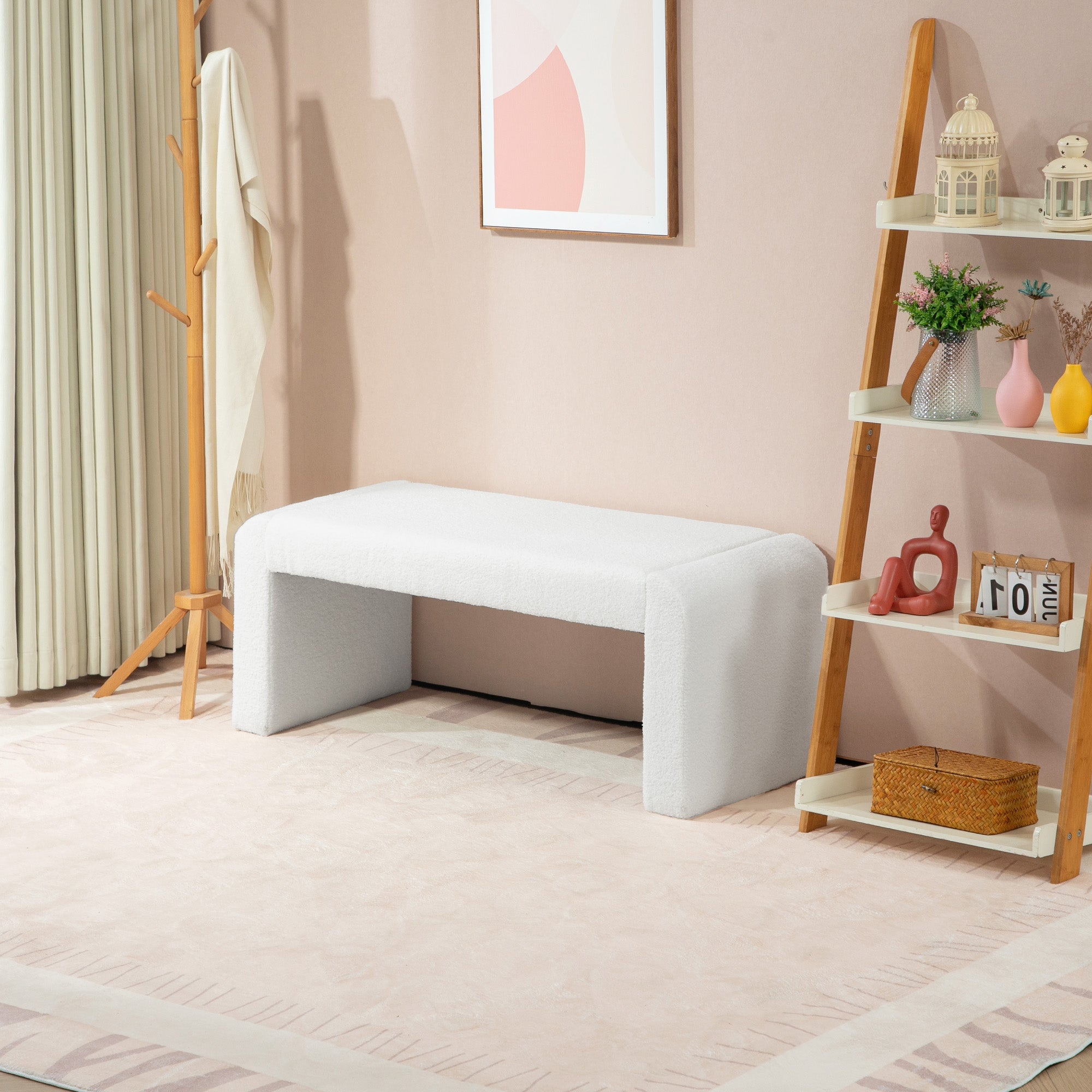 HOMCOM Upholstered Bedroom Bench, Boucle End of Bed Bench, Modern U-Shaped Entryway Bench, 47 x 18 x 18 Inches, White