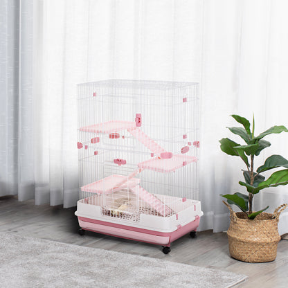 PawHut 32"L 4-Level Small Animal Cage with Universal Lockable Wheels, Slide-out Tray for Bunny, Chinchillas, Ferret, Pink