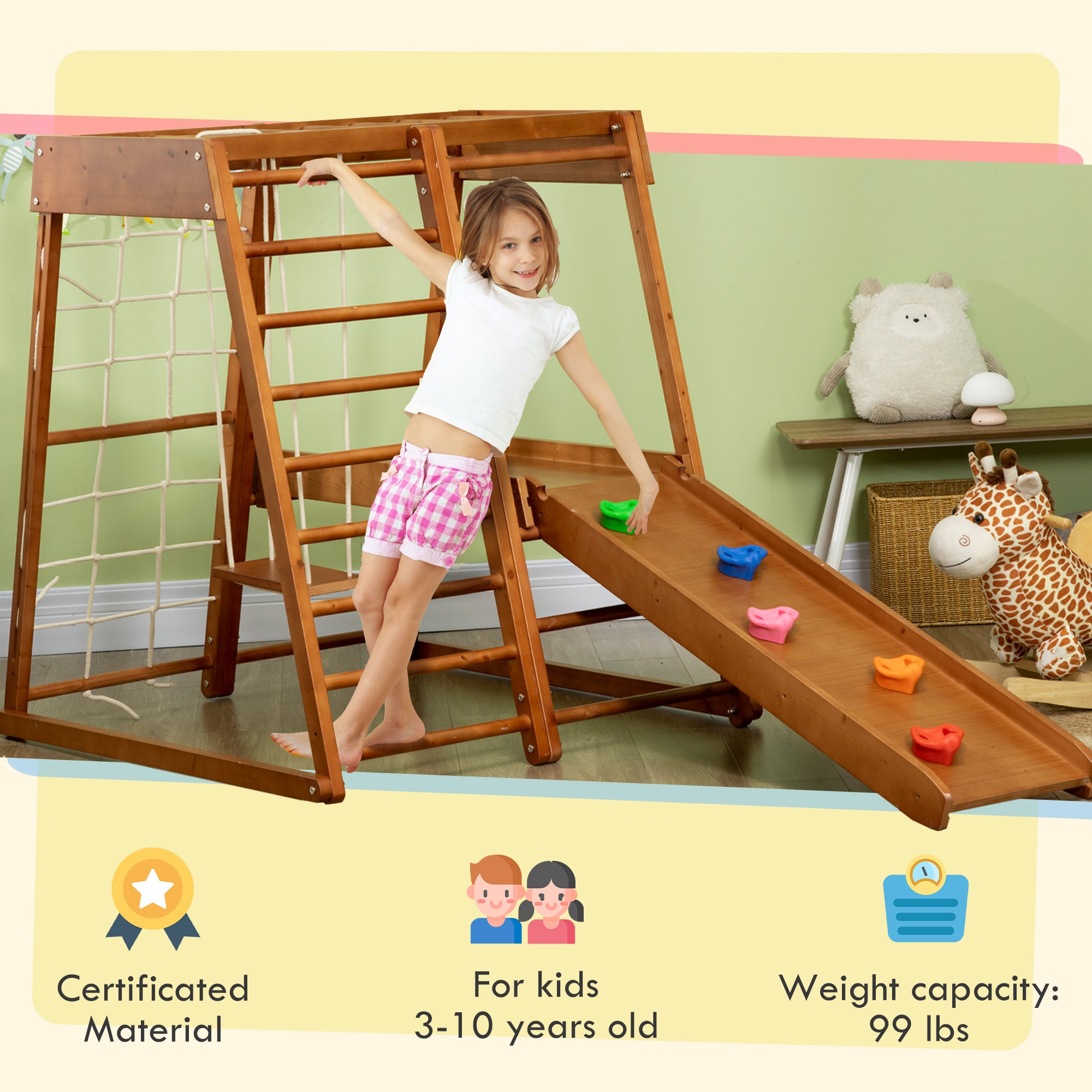 Qaba 6-in-1 Kids Indoor Playground Jungle Gym with Slide, Climbing Wall, Rope Climber, Monkey Bars, Swing, Ladder, Toddler Climbing Toys for 3-10 Years Old
