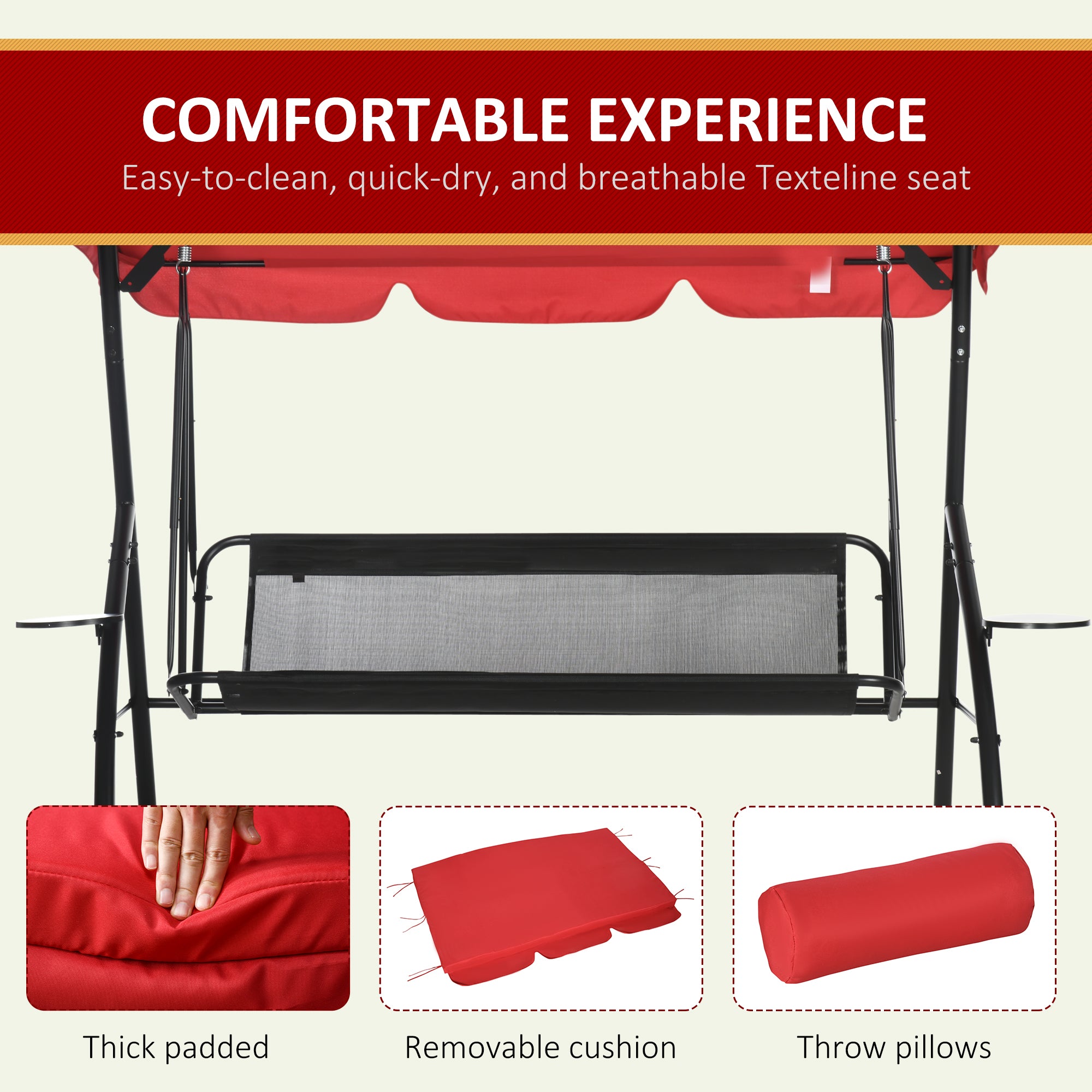 Outsunny 3-Seat Outdoor Patio Swing Chair, Converting Flat Bed, Canopy Swing Glider w/ Adjustable Shade, Removable Cushion and Pillows for Porch, Garden, Poolside, Backyard