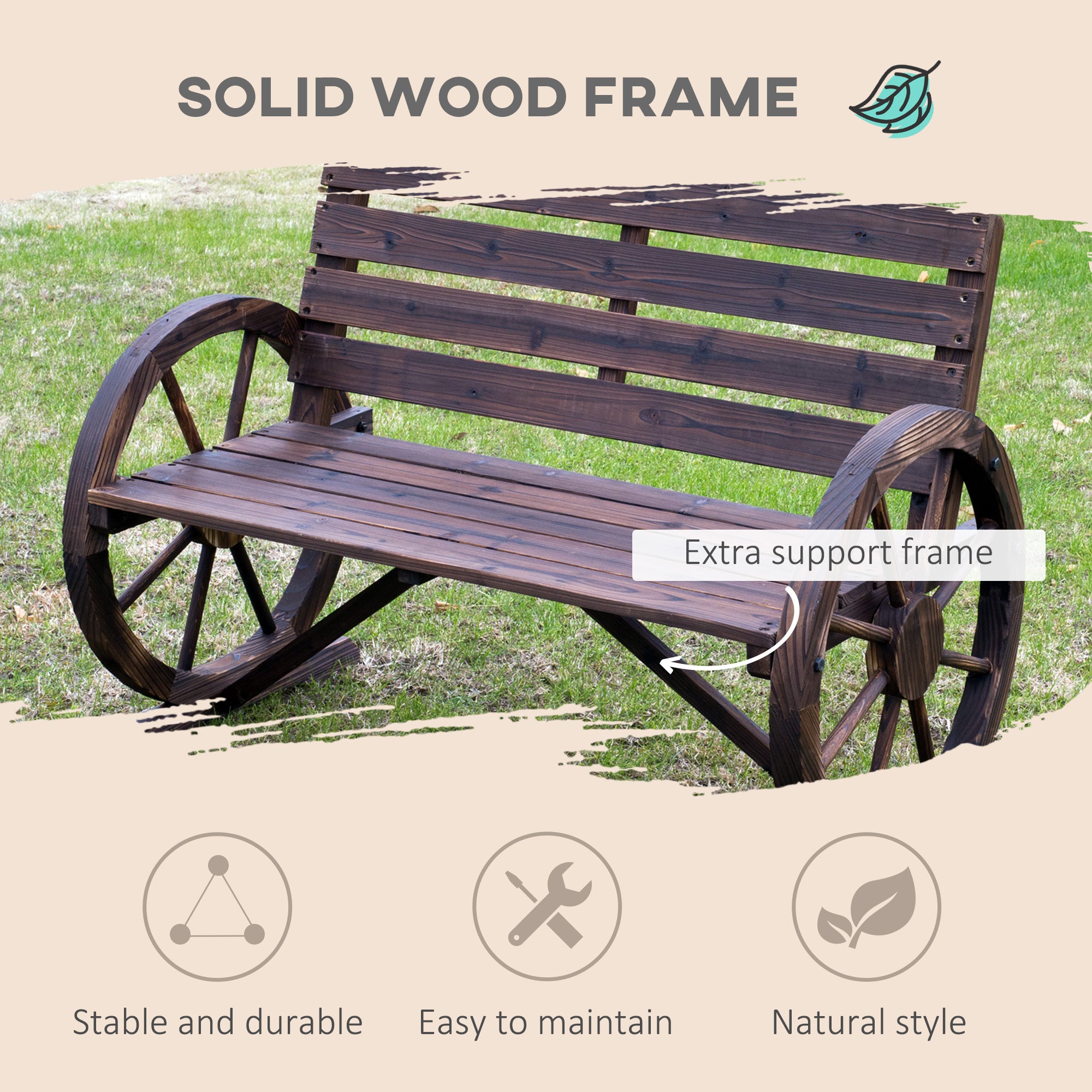 Outsunny 42" Wood Wagon Wheel Bench Garden Loveseat Rustic Seat Relaxing Lounge Chair Outdoor Decorative Seat Park Decor, Brown